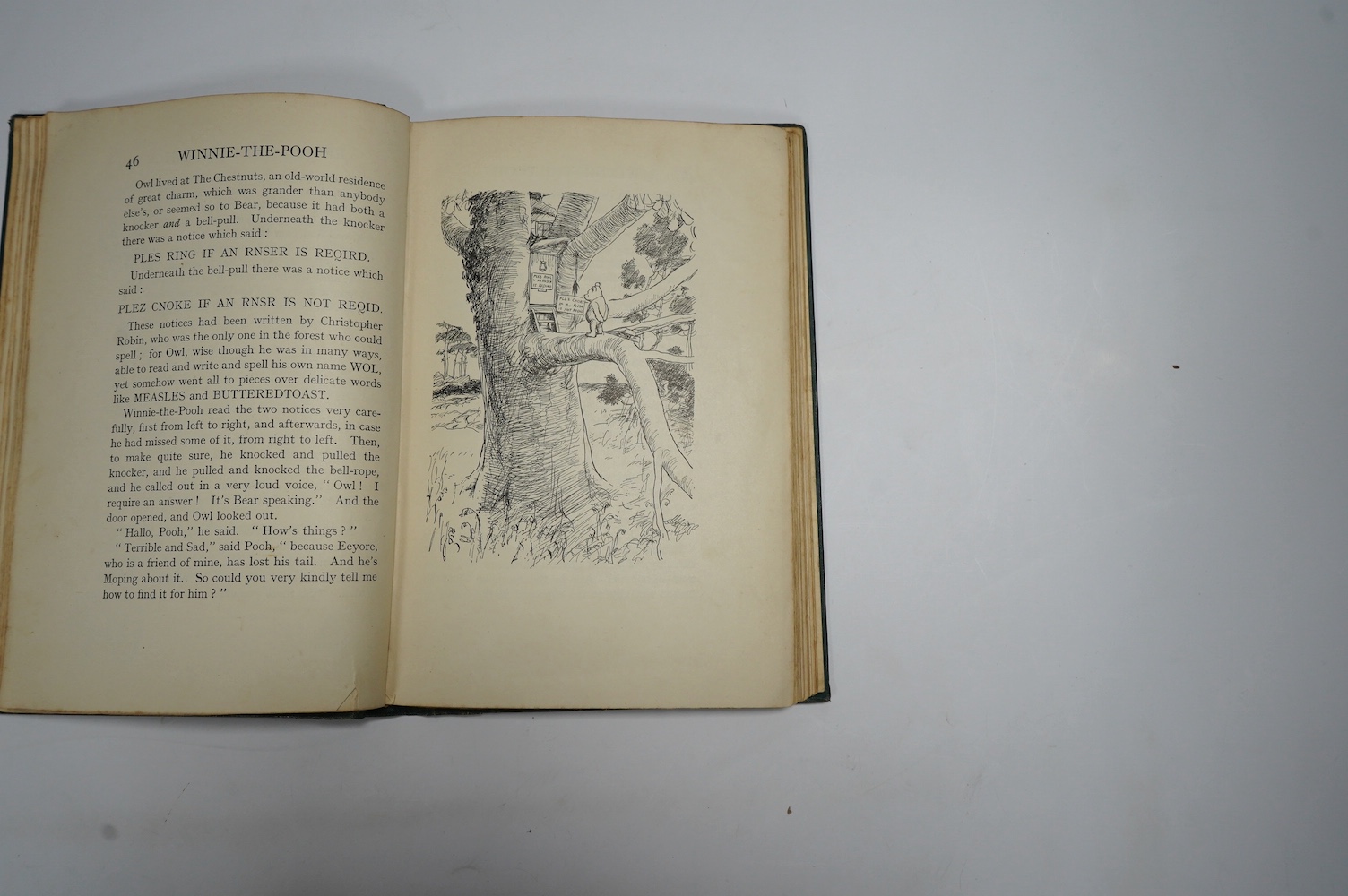 Milne, A.A. - Winnie-The -Pooh. With decorations by Ernest H. Shepard. First Edition. title and text illus. throughout and pictorial map on e/ps.; original gilt ruled and pictorial green cloth (rebacked with old spine la